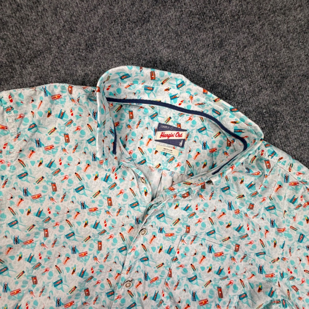 Johnnie-O Hangin Out Mens Medium Blue Beach Swimmer Print SS Shirt 0985